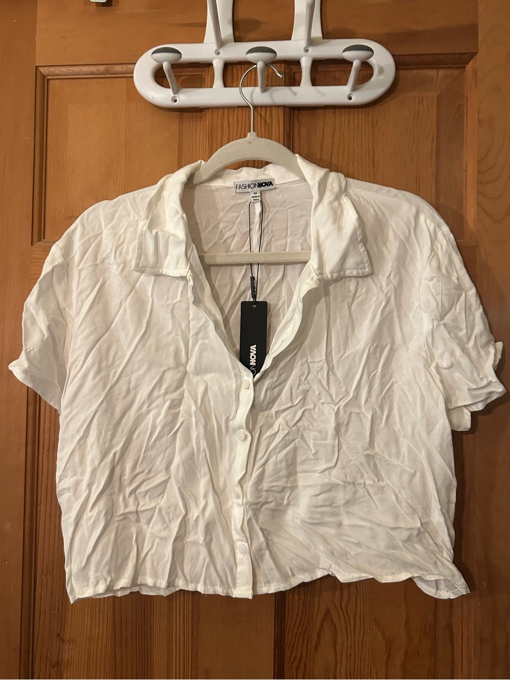 Fashion Nova White Short Sleeve Button-Front Crop Shirt